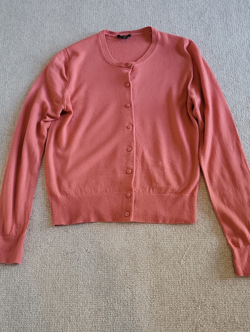 ANN TAYLOR Classic Crewneck Button-Front Cardigan Merino Wool- Pink Salmon